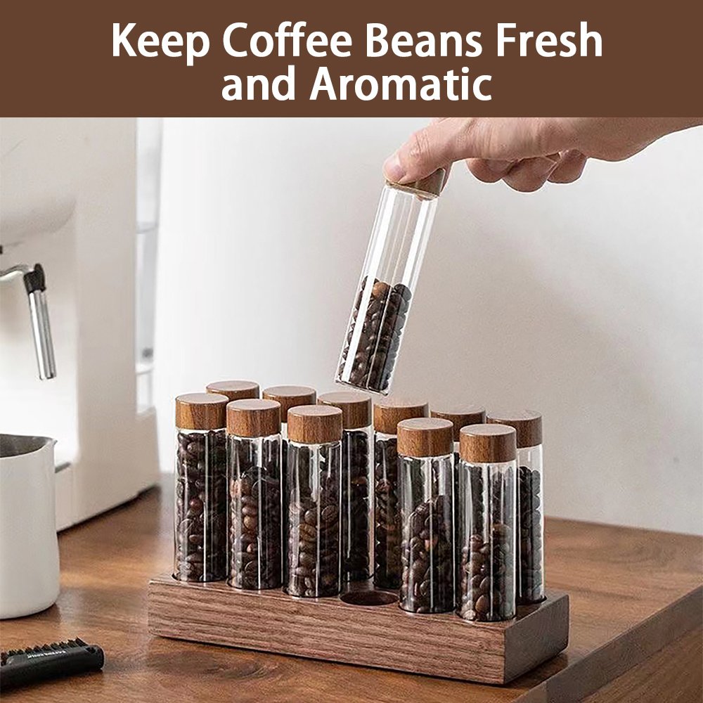 Single Dose Coffee Bean Storage 12 Tubes Multipurpose Portable Coffee Bean Container Cellar with Walnut Wood Display Stand and Funnel 2oz - Image 7