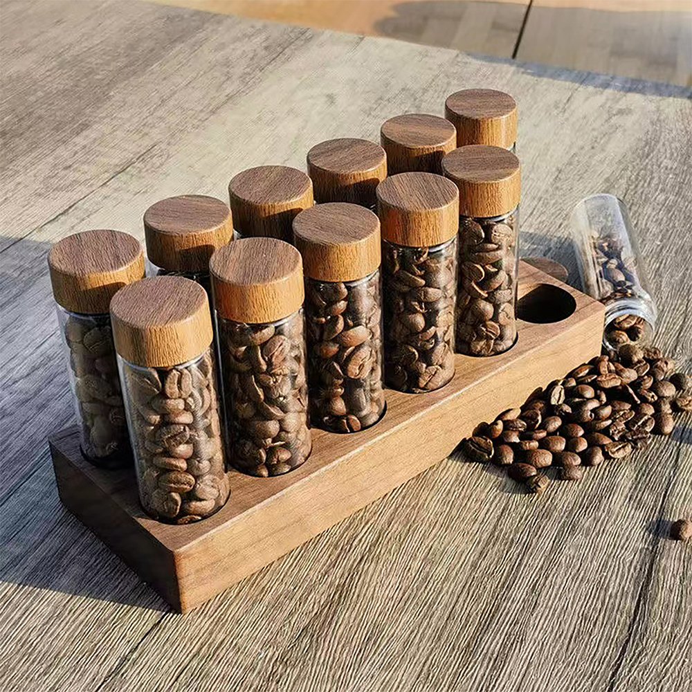 Single Dose Coffee Bean Storage 12 Tubes Multipurpose Portable Coffee Bean Container Cellar with Walnut Wood Display Stand and Funnel 2oz - Image 5