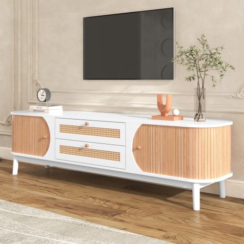 Rattan TV Stand For TVs Up To 75'', Modern Farmhouse Media Console, Entertainment Center With Solid Wood Legs, TV Cabinet For Living Room,Home Theatre - Image 7
