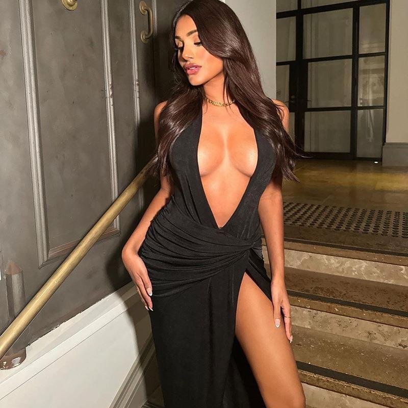 Solid Color Ultra Low Bosom Sexy Sleeveless Split Dress - Image 4