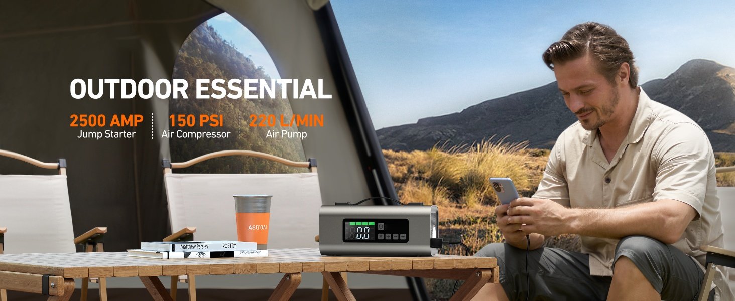 Jump Starter With Air Compressor And Air Pump, 2500A Battery Jump Starter With 150PSI Tire Inflator, Up To 7.5L Gas 5.0L Diesel Engine, 2 LED Screen For Car Tires, Air Mattress, Inflatables - Image 4