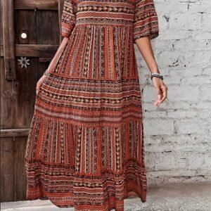 Plus Size All Over Print Tiered Dress, Vacation Notch Neck Short Sleeve Dress, Women's Plus Size Clothing
