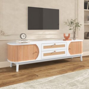 Rattan TV Stand For TVs Up To 75'', Modern Farmhouse Media Console, Entertainment Center With Solid Wood Legs, TV Cabinet For Living Room,Home Theatre