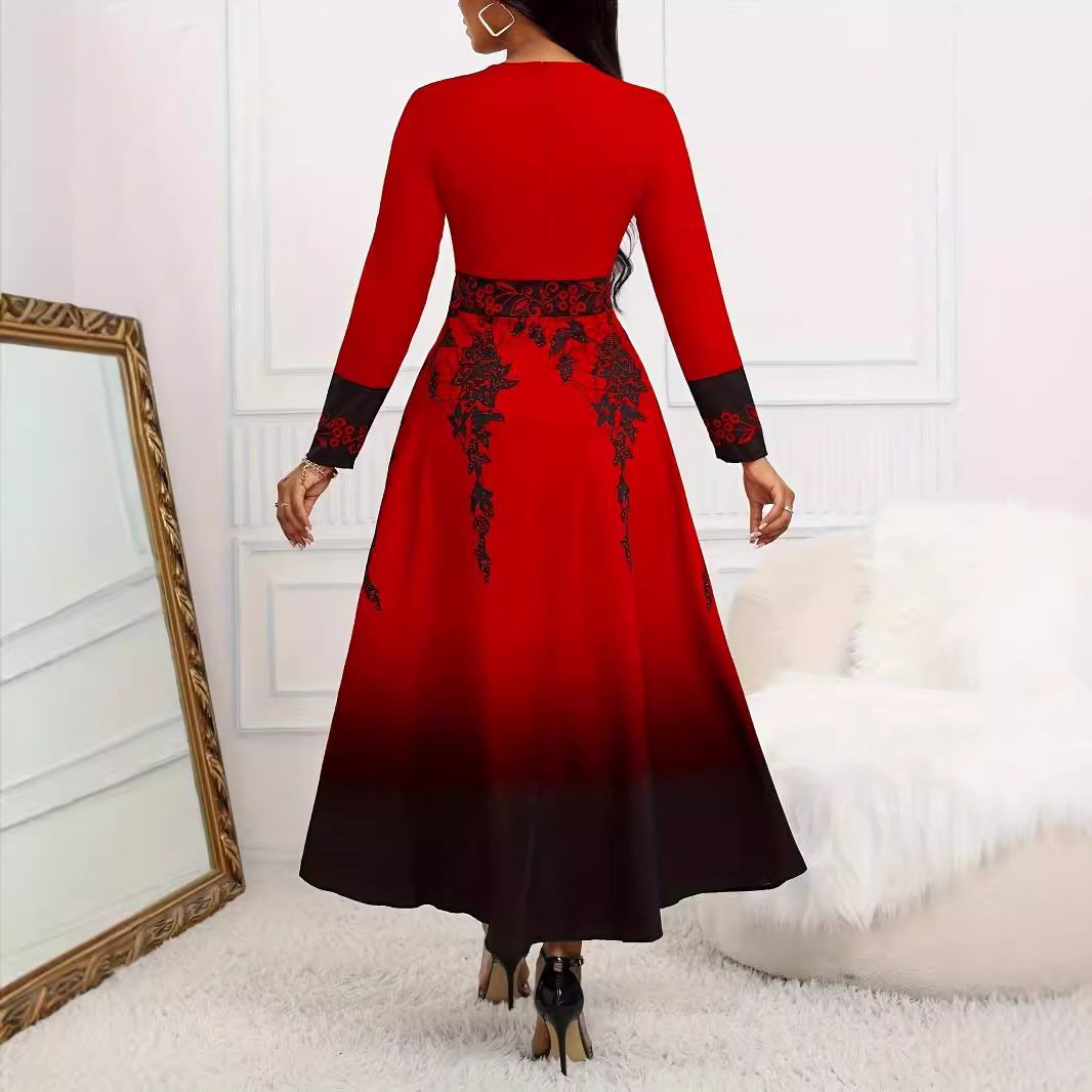 Women's Long Sleeve High Waist Print Gradient Large Swing Dress - Image 6