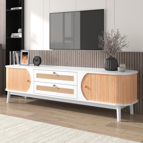 Rattan TV Stand For TVs Up To 75'', Modern Farmhouse Media Console, Entertainment Center With Solid Wood Legs, TV Cabinet For Living Room,Home Theatre - Image 5