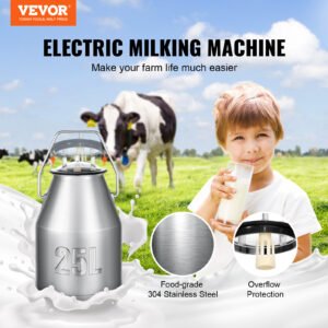 VEVOR Electric Cow Milking Machine, 6.6 Gal 25 L 304 Stainless Steel Bucket, Automatic Pulsation Vacuum Milker, Portable Milker With Food-grade Silicone Cups And Tubes, Adjustable Pressure