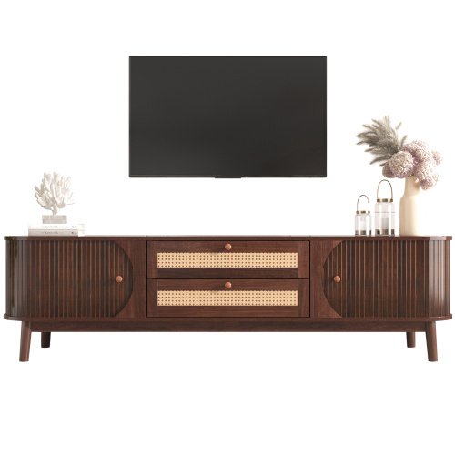 Rattan TV Stand For TVs Up To 75'', Modern Farmhouse Media Console, Entertainment Center With Solid Wood Legs, TV Cabinet For Living Room,Home Theatre - Image 10
