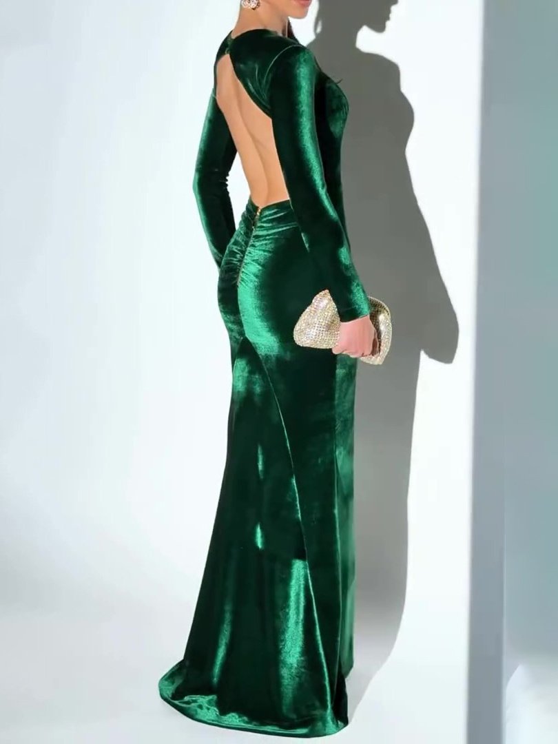 Velvet Backless Long-sleeve Maxi Dress - Image 2