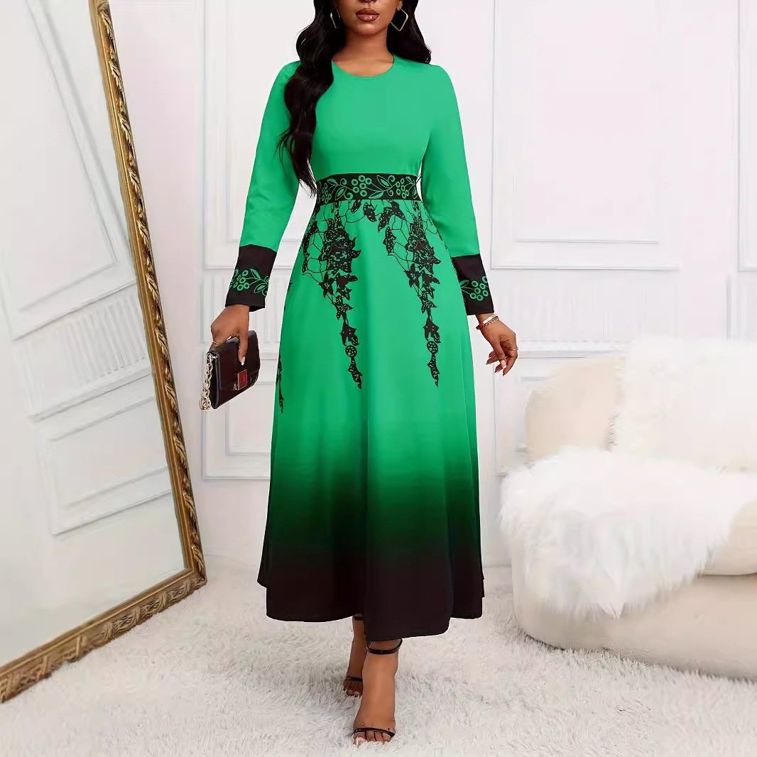 Women's Long Sleeve High Waist Print Gradient Large Swing Dress - Image 7