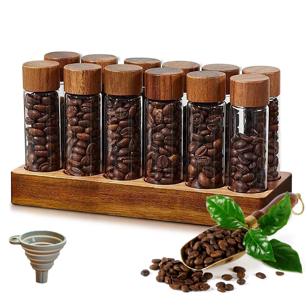 Single Dose Coffee Bean Storage 12 Tubes Multipurpose Portable Coffee Bean Container Cellar with Walnut Wood Display Stand and Funnel 2oz
