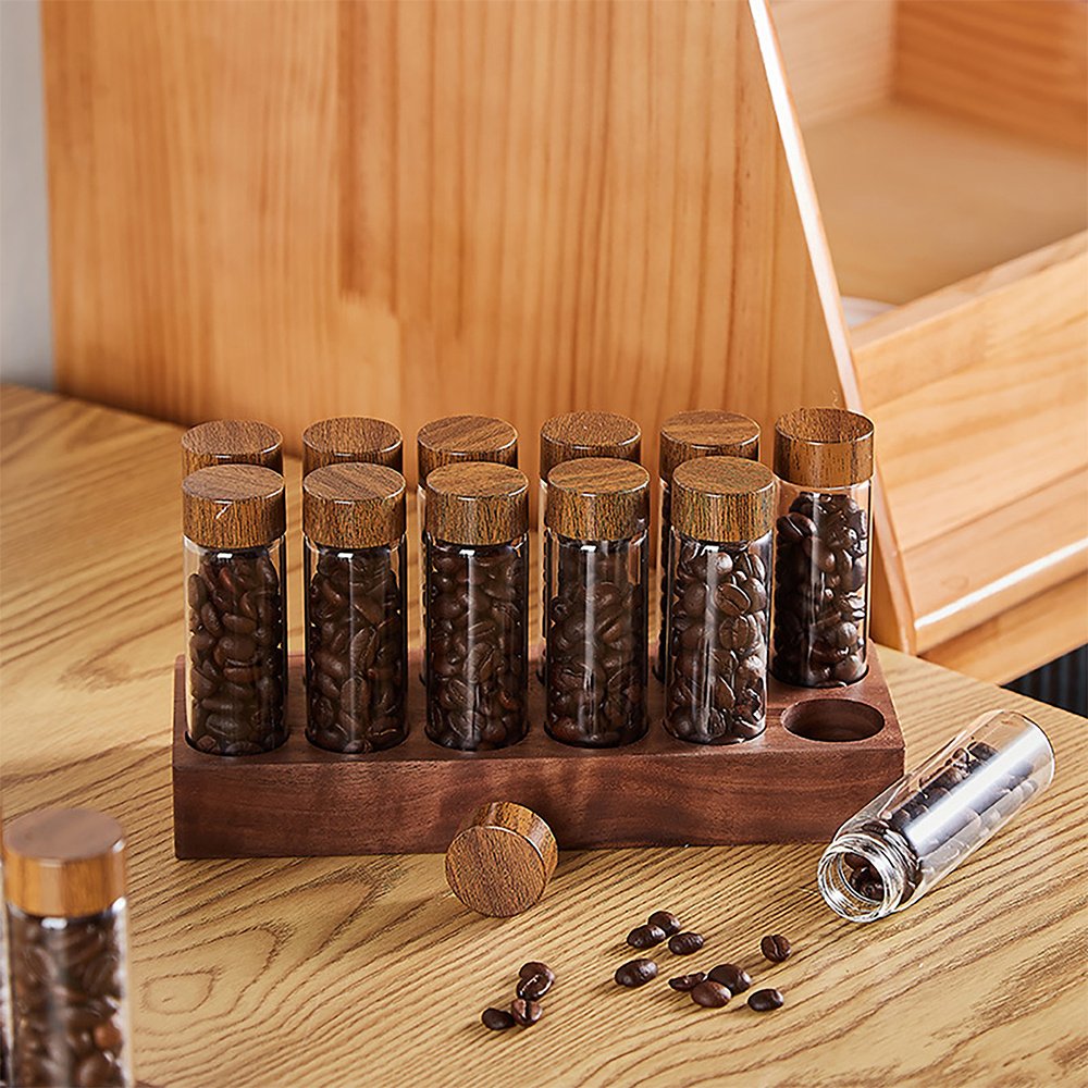 Single Dose Coffee Bean Storage 12 Tubes Multipurpose Portable Coffee Bean Container Cellar with Walnut Wood Display Stand and Funnel 2oz - Image 4