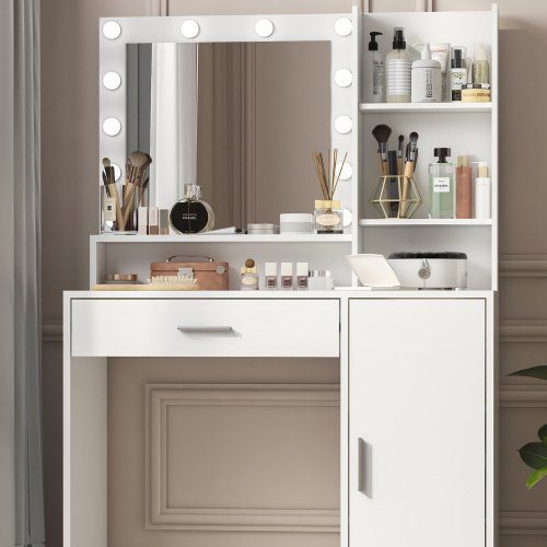 Vanity Desk With Mirror Light, Large Drawer Three Level Storage Dresser, 3 Lighting Modes Adjustable Brightness, Bedroom Dressing Table - Image 9
