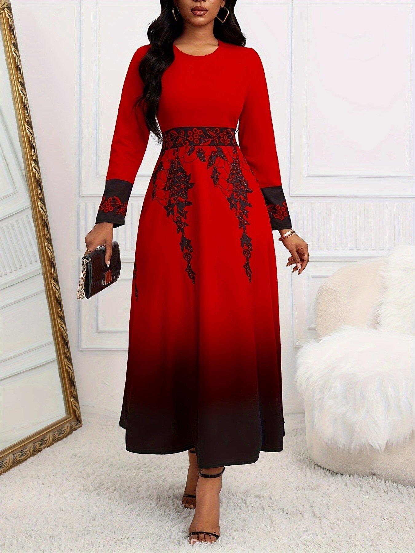 Women's Long Sleeve High Waist Print Gradient Large Swing Dress - Image 5
