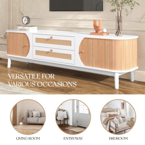 Rattan TV Stand For TVs Up To 75'', Modern Farmhouse Media Console, Entertainment Center With Solid Wood Legs, TV Cabinet For Living Room,Home Theatre - Image 3