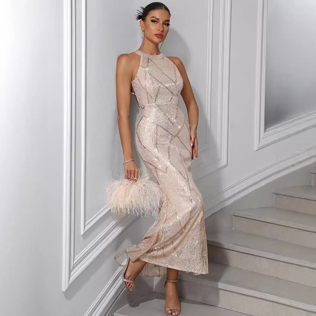 European And American Style Sexy Women's Wear Sequins Dress Round Neck Off-shoulder Backless - Image 5