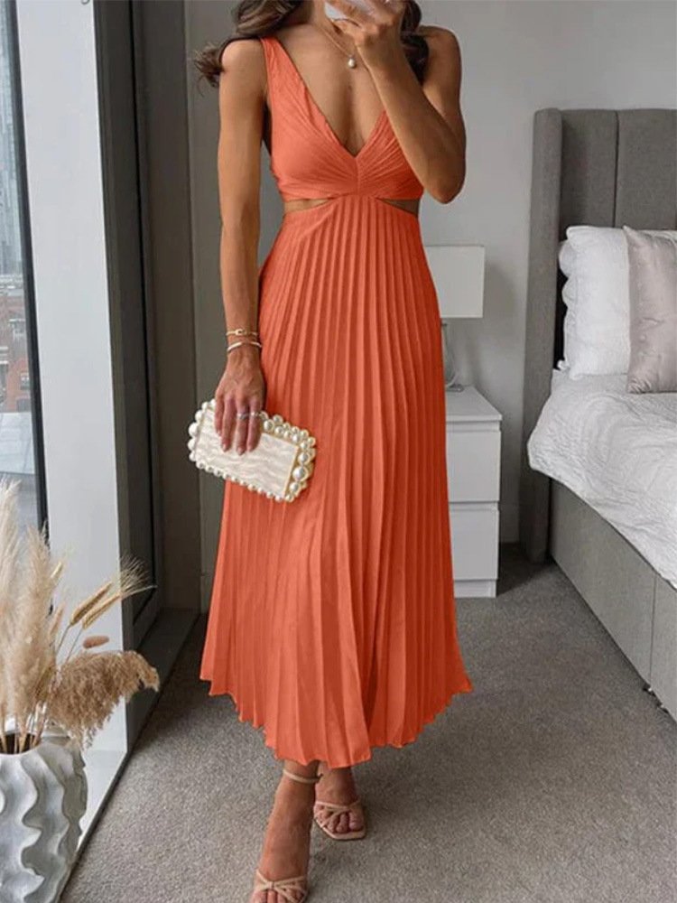 Ins Suspender Pleated Long Dress With Hollow-waisted Design Fashion V-neck Backless Dresses Summer Women's Clothing - Image 10