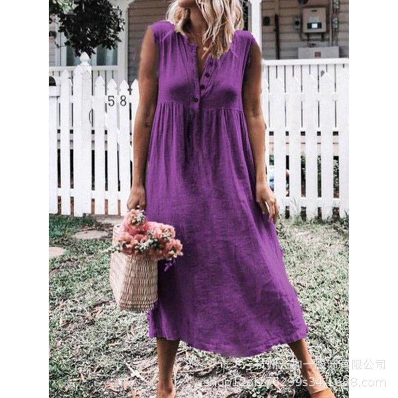 Pure Color Sleeveless Cotton And Linen Slim Dress With Big Swing Skirt