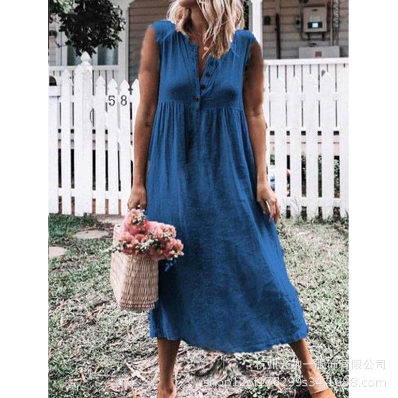 Pure Color Sleeveless Cotton And Linen Slim Dress With Big Swing Skirt - Image 4