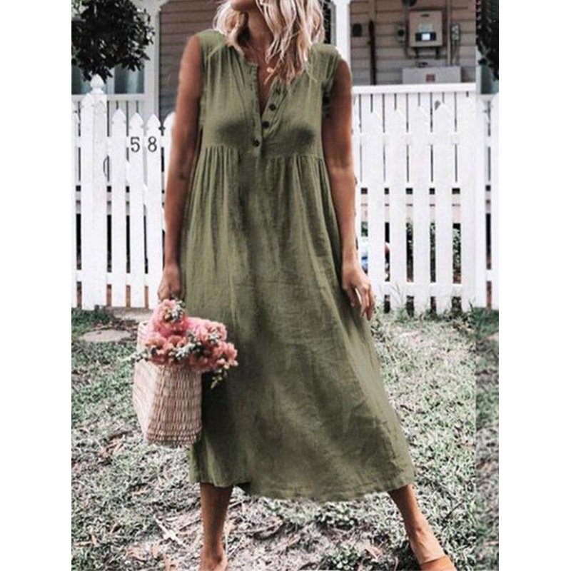 Pure Color Sleeveless Cotton And Linen Slim Dress With Big Swing Skirt - Image 3