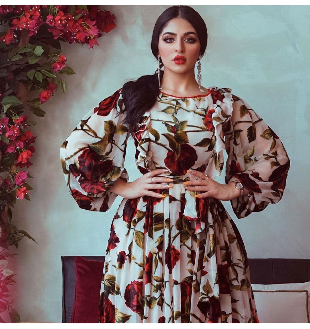 Middle Eastern Turkey Ruffled Rose Printed Bohemian Dress - Image 2