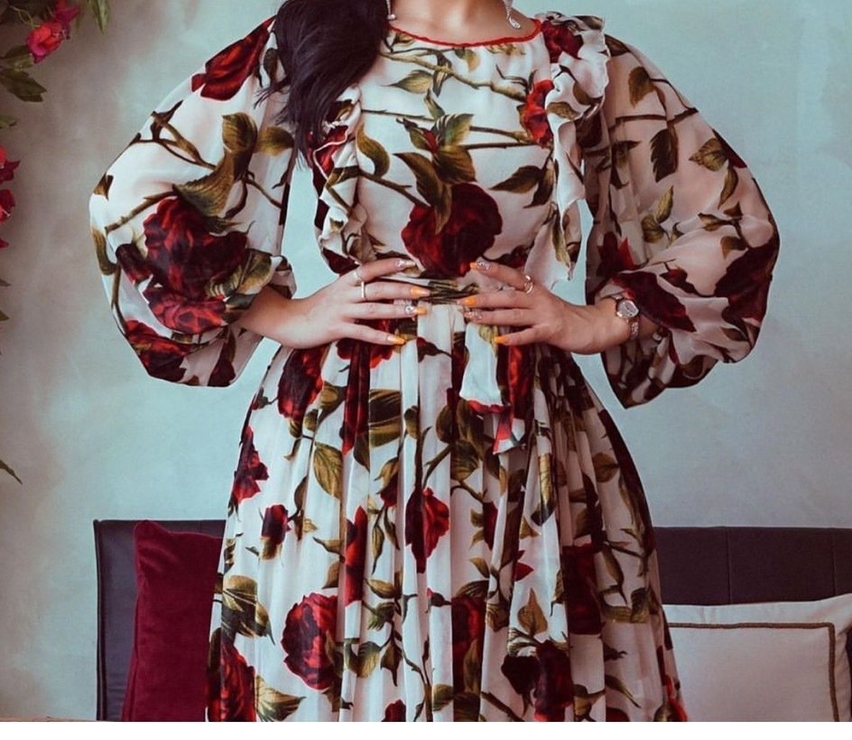 Middle Eastern Turkey Ruffled Rose Printed Bohemian Dress - Image 3