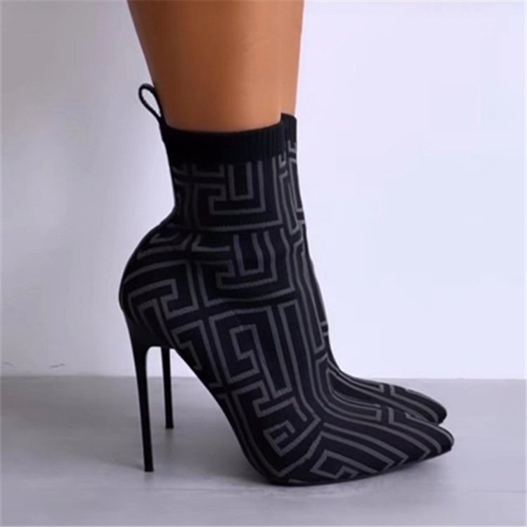 Fashion Ankle Boots Women Thigh High Heel Boots Pointed Toe Print Shoes - Image 6