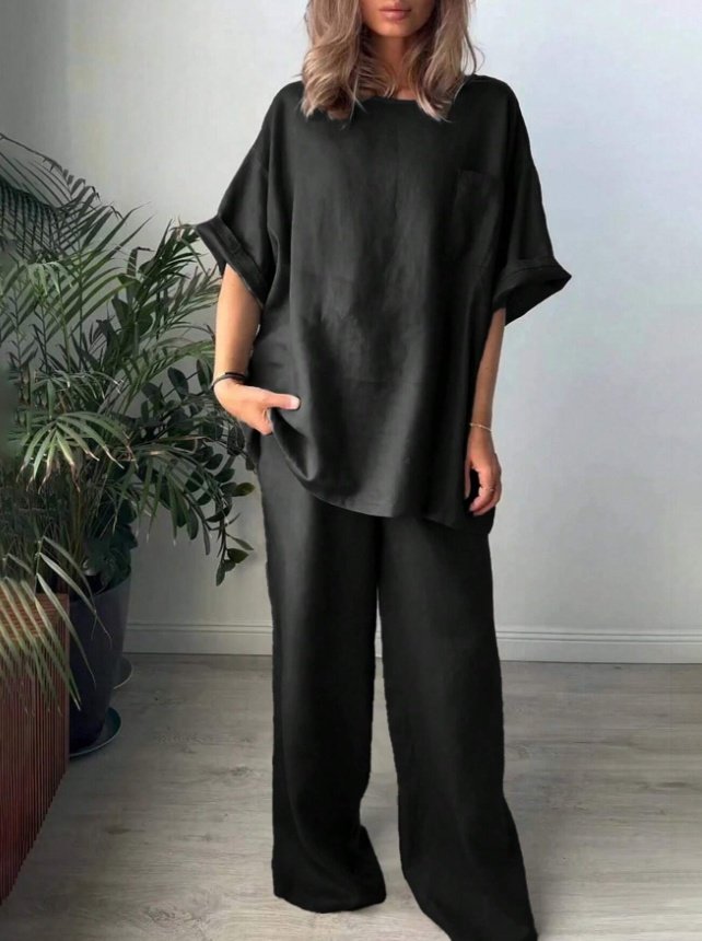 2pcs Women Solid Color Crew Neck Short Sleeve Top And Long Pants Casual Outfit - Image 3