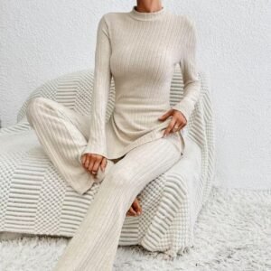 Women's Solid Color Set 2-piece Fashionable Ribbed V-neck Top And Pants Set Knitted