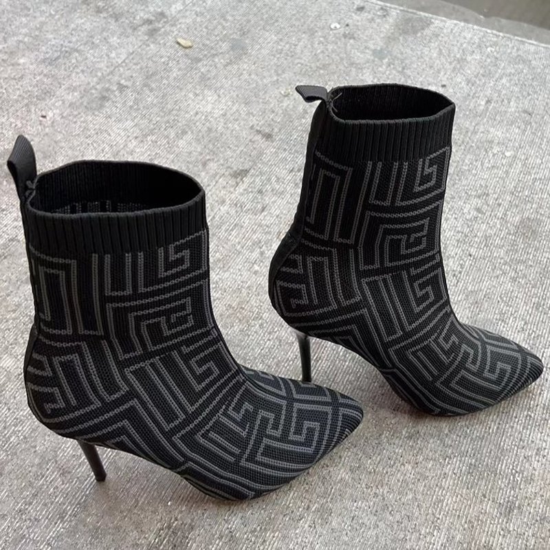 Fashion Ankle Boots Women Thigh High Heel Boots Pointed Toe Print Shoes - Image 4