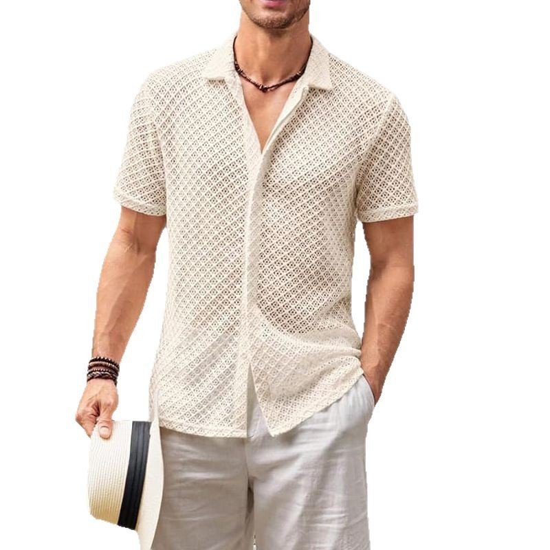 Summer Mesh Short Sleeve Shirt Fashion Solid Color Lapel Shirt Tops Beach Men Clothing - Image 3
