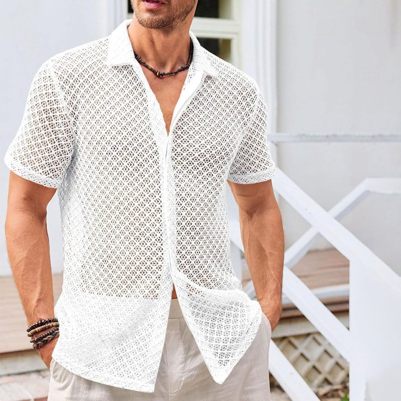 Summer Mesh Short Sleeve Shirt Fashion Solid Color Lapel Shirt Tops Beach Men Clothing - Image 2