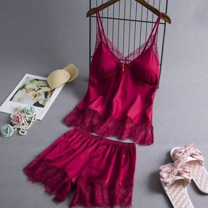 New Elastic Satin Lace Suit Nightdress With Suspenders Korean Style Suspenders