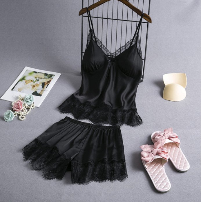 New Elastic Satin Lace Suit Nightdress With Suspenders Korean Style Suspenders - Image 5
