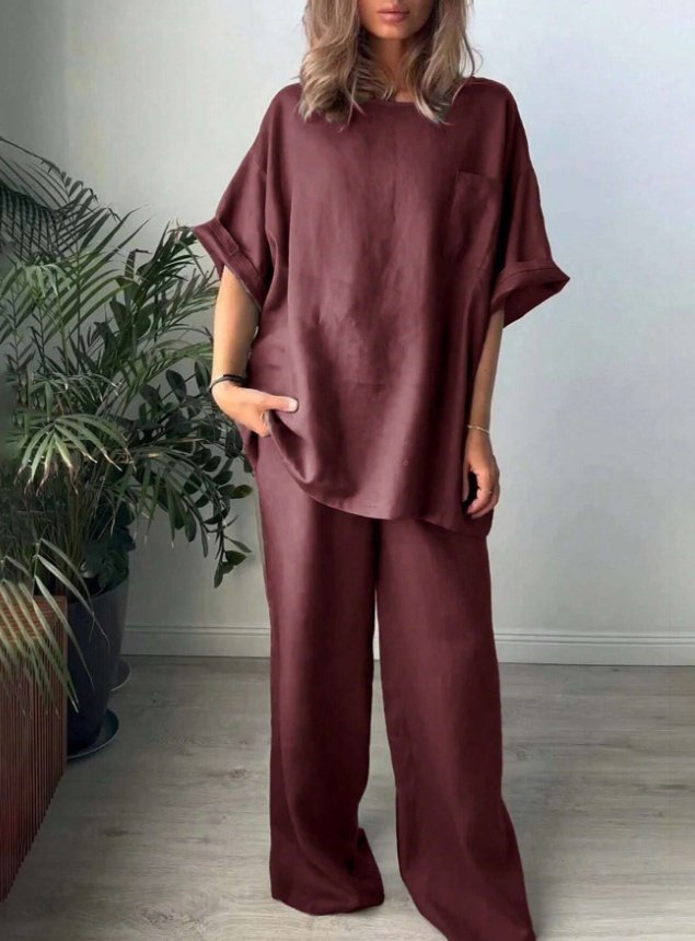 2pcs Women Solid Color Crew Neck Short Sleeve Top And Long Pants Casual Outfit - Image 2