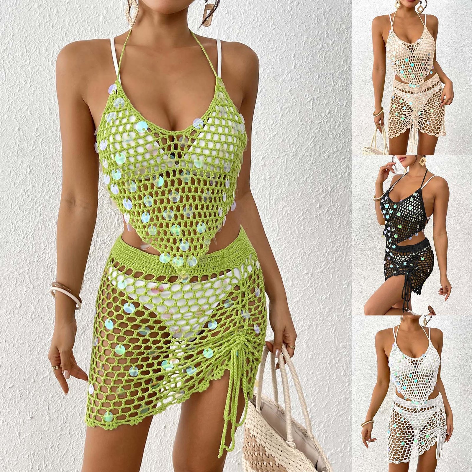 Women's Vacation Beach Suit Sequin Stitching Bikini Two-piece Set Blouse