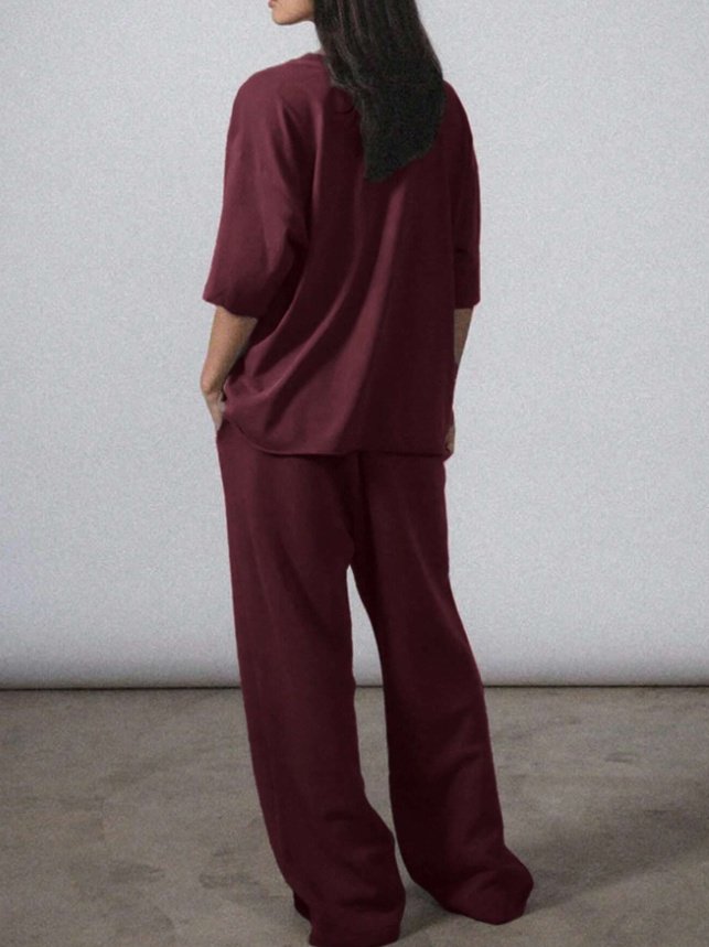 2pcs Women Solid Color Crew Neck Short Sleeve Top And Long Pants Casual Outfit - Image 4
