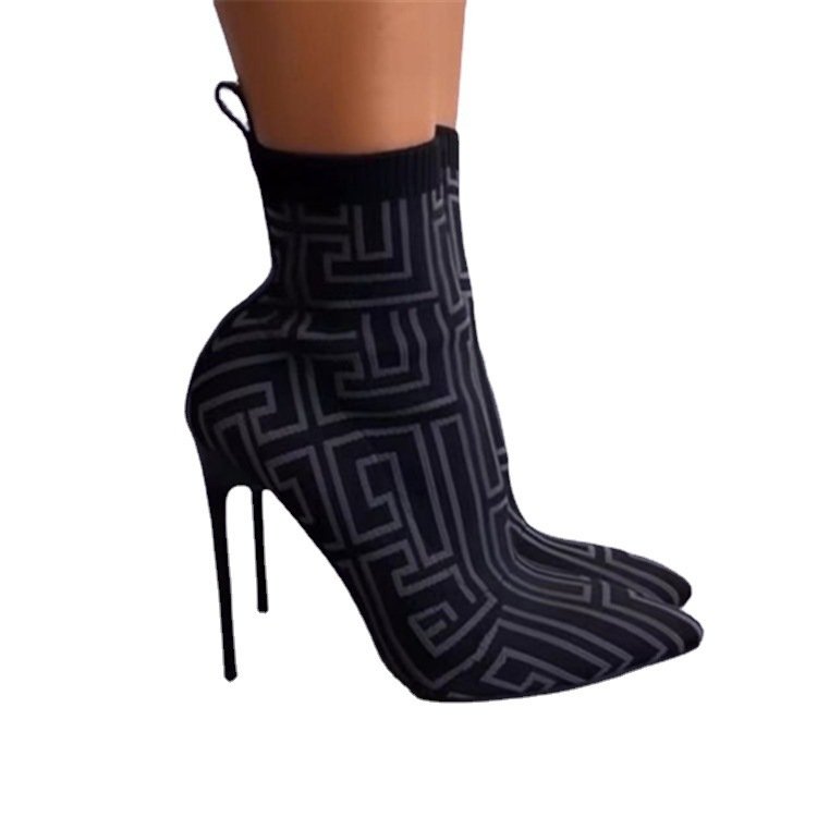 Fashion Ankle Boots Women Thigh High Heel Boots Pointed Toe Print Shoes - Image 7