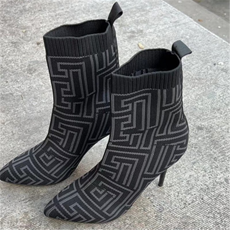 Fashion Ankle Boots Women Thigh High Heel Boots Pointed Toe Print Shoes - Image 3