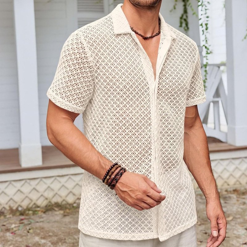 Summer Mesh Short Sleeve Shirt Fashion Solid Color Lapel Shirt Tops Beach Men Clothing - Image 5