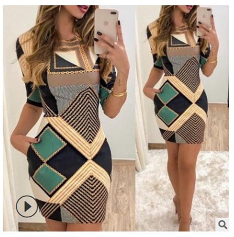 Fashionable Women's Slim Printed Short Sleeve Dress - Image 2