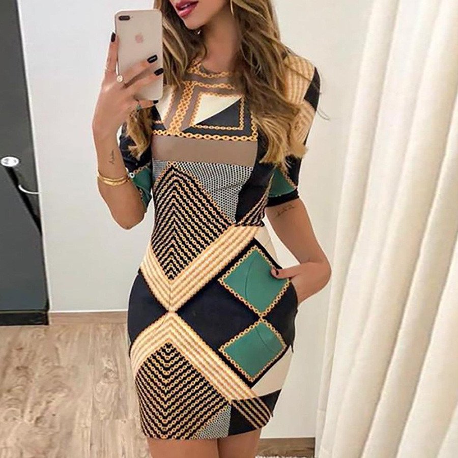 Fashionable Women's Slim Printed Short Sleeve Dress
