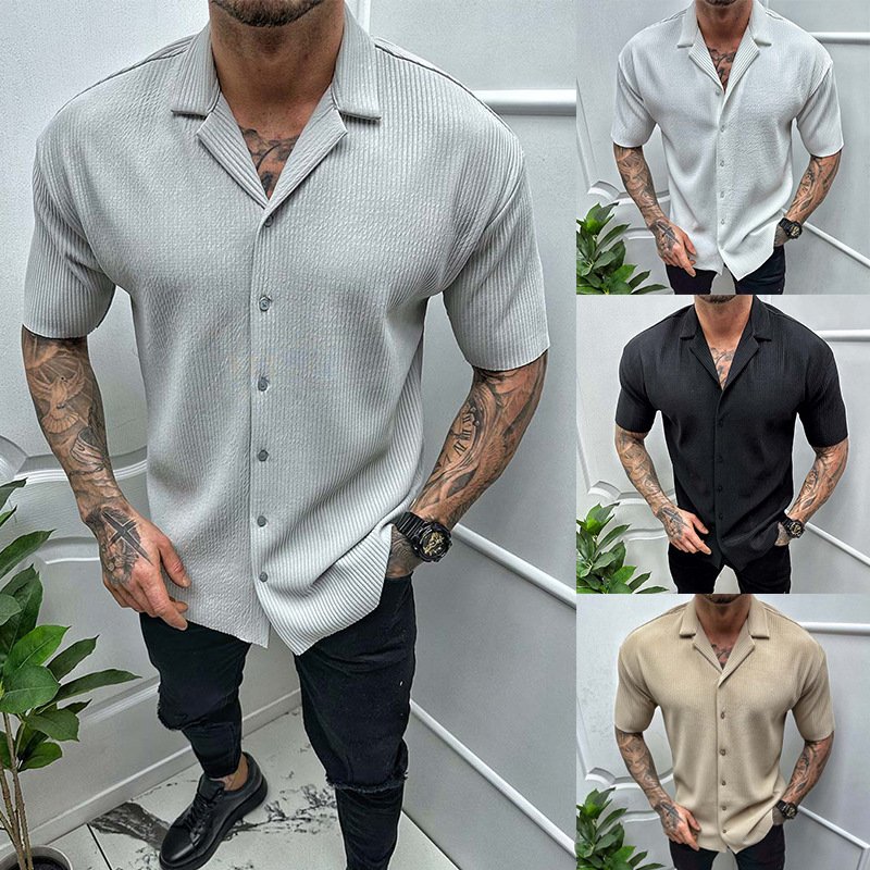 Men's Cardigan Solid Color Short Sleeve Shirt - Image 6