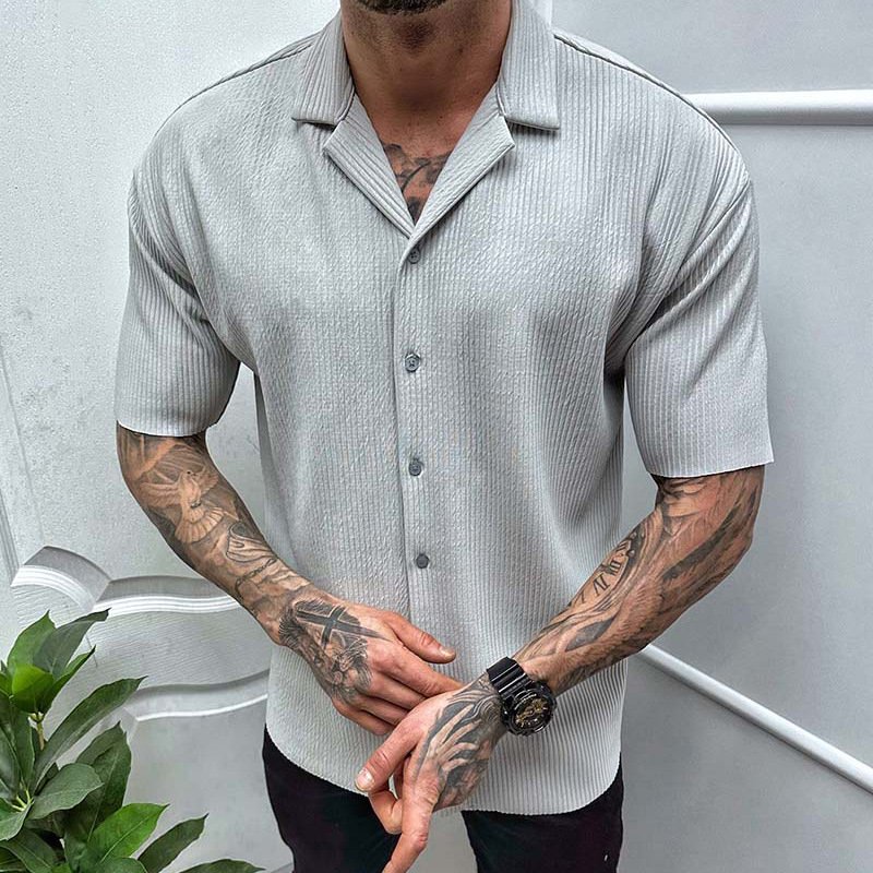 Men's Cardigan Solid Color Short Sleeve Shirt - Image 3