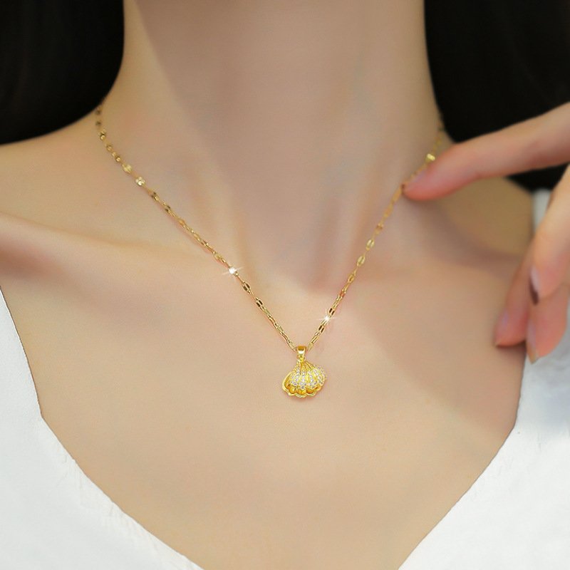 Shell Pearl Necklace With Rhinestones Female Zircon Temperament Personality Jewelry - Image 3