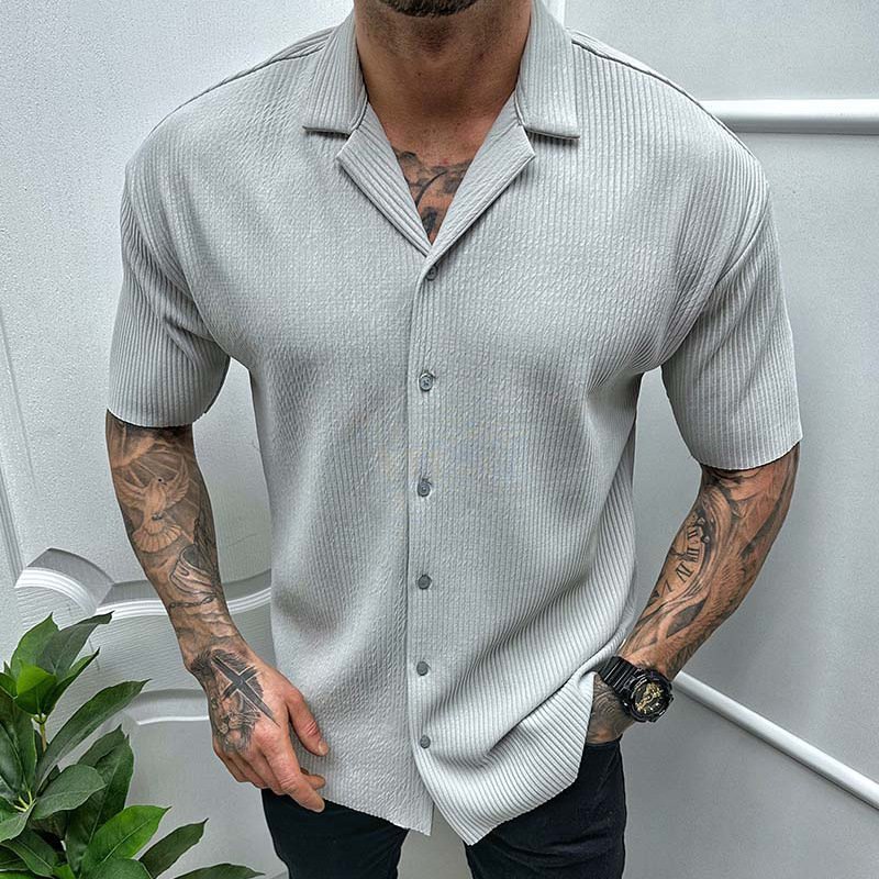 Men's Cardigan Solid Color Short Sleeve Shirt - Image 4