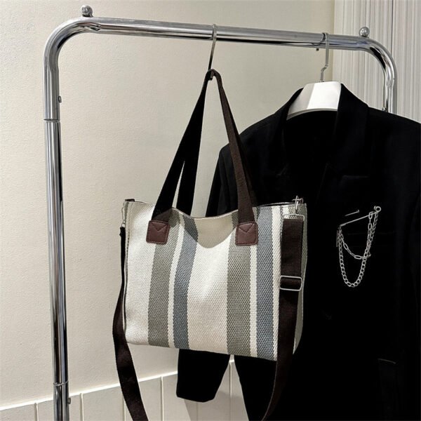 Fashion Stripe Totes Women's Large Capacity Canvas Shoulder Bag - Image 4
