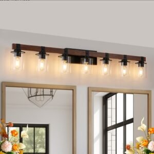 50 Rustic 7-Light Vanity Light, Industrial Bathroom Wall Sconce With Glass Shades And Wood Accent, Modern Farmhouse Lighting Fixture No Bulbs