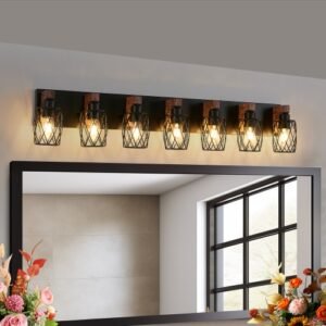 Industrial Vintage 7-Light Wall Sconce - Black Cage Wall Lighting Fixture With Wooden Accents For Bathroom, Hallway, Or Living Room Bulb Not Included