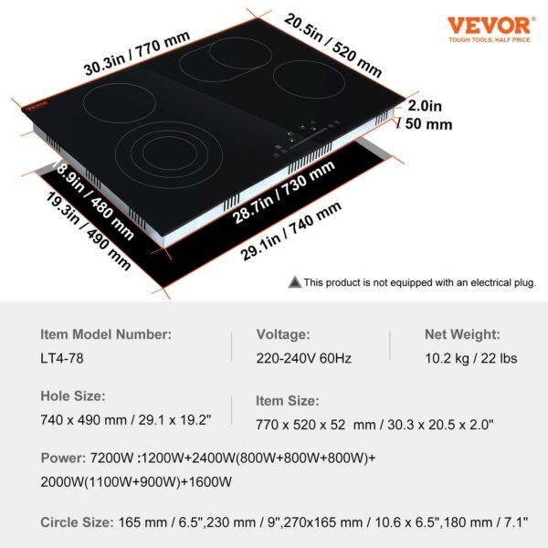 Built In Electric Stove Top, 30.3 X 20.5 Inch 4 Burners, 240V Glass Radiant Cooktop With Sensor Touch Control, Timer & Child Lock Included, 9 Power Levels For Simmer Steam Slow Cook Fry - Image 4
