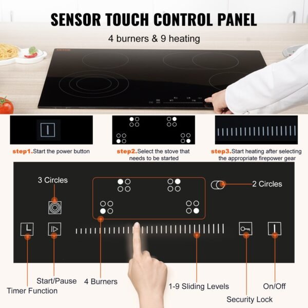 Built In Electric Stove Top, 30.3 X 20.5 Inch 4 Burners, 240V Glass Radiant Cooktop With Sensor Touch Control, Timer & Child Lock Included, 9 Power Levels For Simmer Steam Slow Cook Fry - Image 3